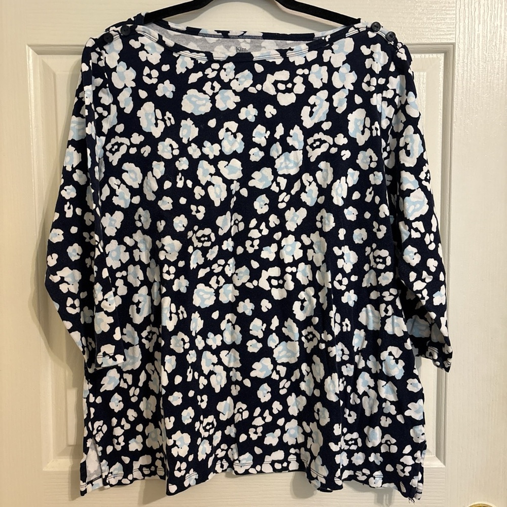 Kim Rogers Navy Floral Print Long Sleeve Top with White & Light Blue Flowers